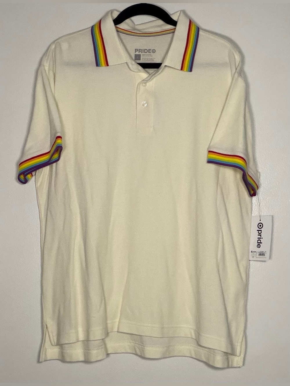 🆕 Target Men's Cream Polo with Rainbow Stripe Trim